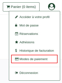 Menu des méthodes de paiement