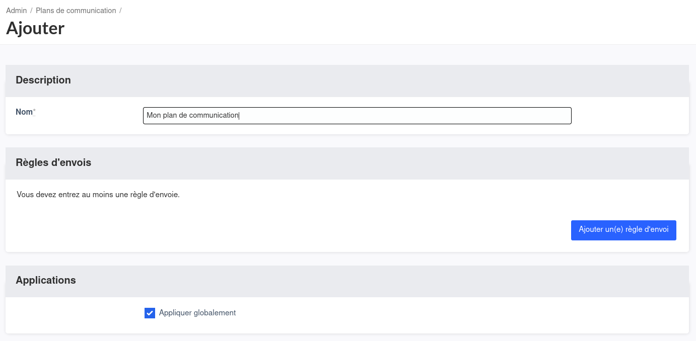 Formulaire de nouveau plan de communication.