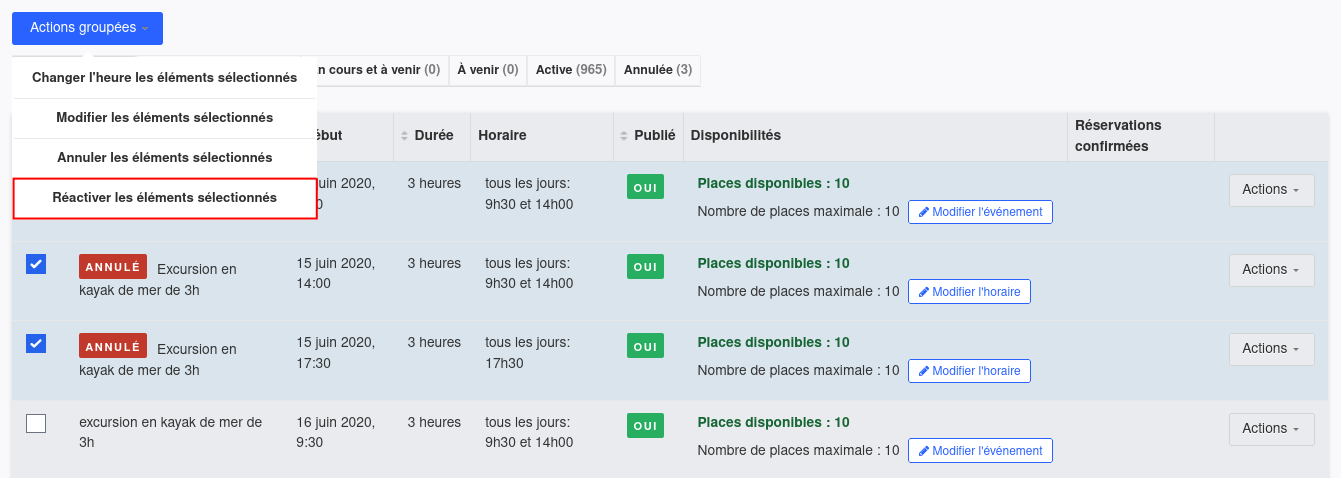 Action de réactivation des événements