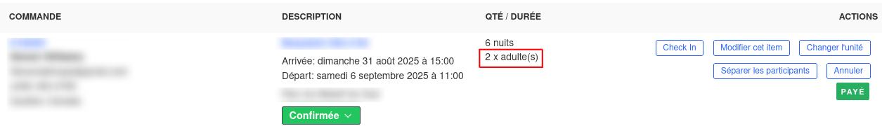 Quantités des participants pour les hébergements